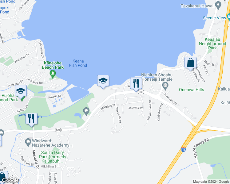 map of restaurants, bars, coffee shops, grocery stores, and more near 45-15 Kaneohe Bay Drive in Kaneohe