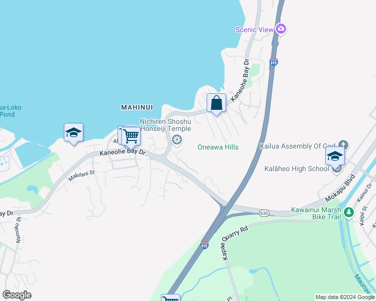 map of restaurants, bars, coffee shops, grocery stores, and more near 44-122 Ikeanani Drive in Kaneohe