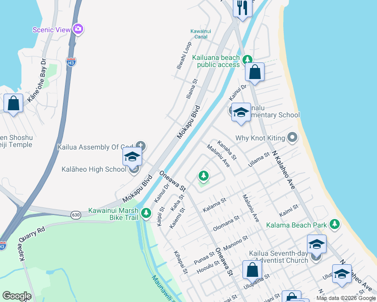 map of restaurants, bars, coffee shops, grocery stores, and more near 1019 Kainui Drive in Kailua