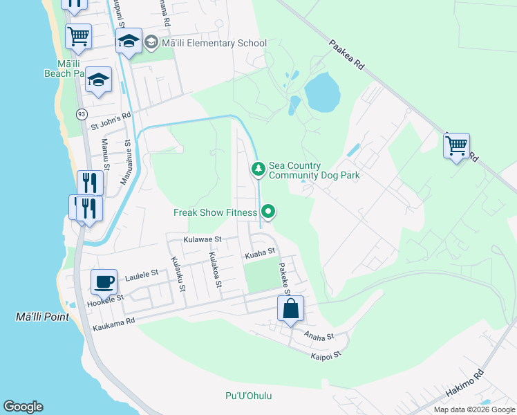 map of restaurants, bars, coffee shops, grocery stores, and more near 87-1716 Wehiwehi Street in Waianae
