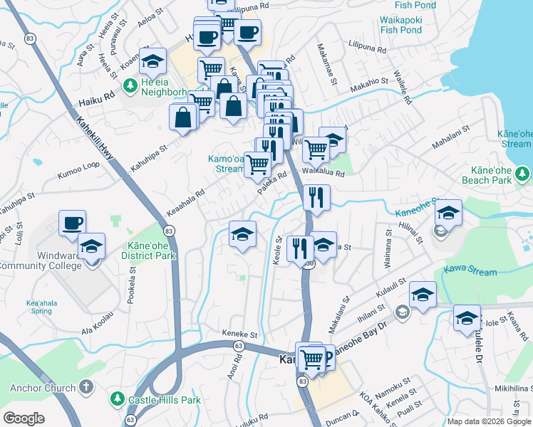 map of restaurants, bars, coffee shops, grocery stores, and more near 45-820 Paleka Place in Kaneohe