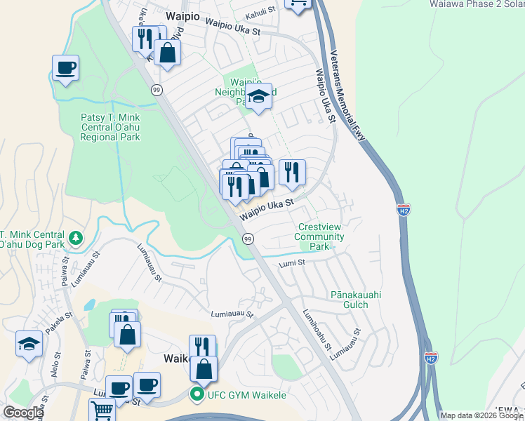 map of restaurants, bars, coffee shops, grocery stores, and more near 94-1034 Lelepua Place in Waipahu