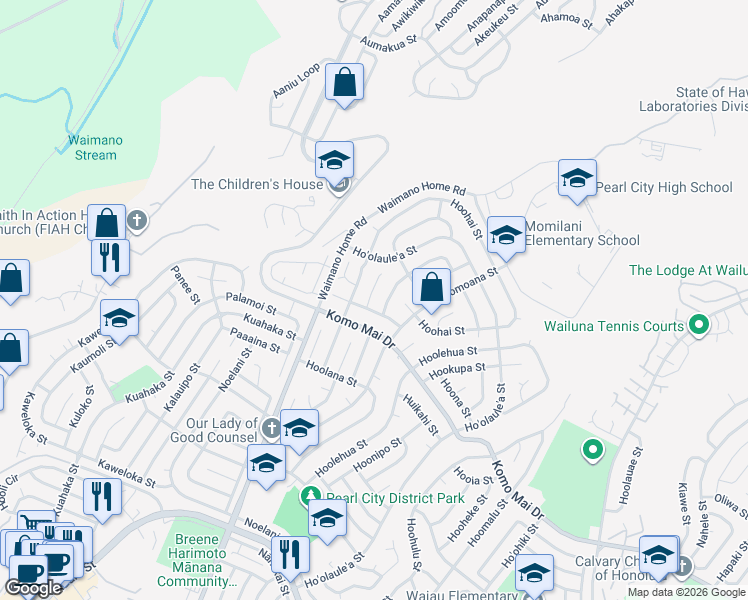 map of restaurants, bars, coffee shops, grocery stores, and more near 1773 Hoohoihoi Place in Pearl City