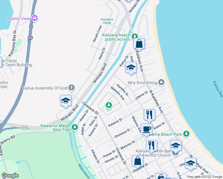 map of restaurants, bars, coffee shops, grocery stores, and more near 931 Maluniu Avenue in Kailua