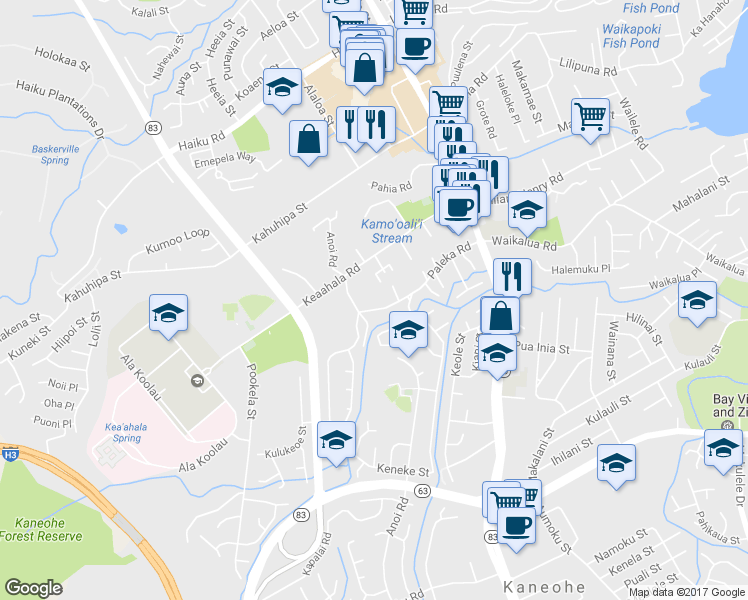 map of restaurants, bars, coffee shops, grocery stores, and more near 45-591 Paleka Road in Kaneohe
