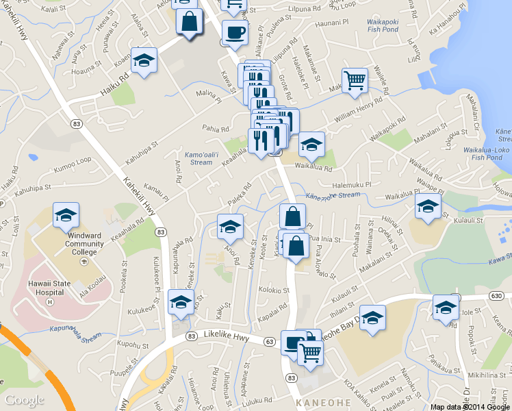 map of restaurants, bars, coffee shops, grocery stores, and more near 45-820 Paleka Place in Kaneohe