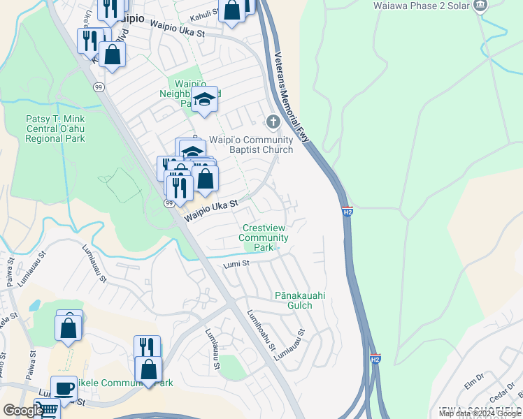 map of restaurants, bars, coffee shops, grocery stores, and more near 94-1102 Penakii Place in Waipahu