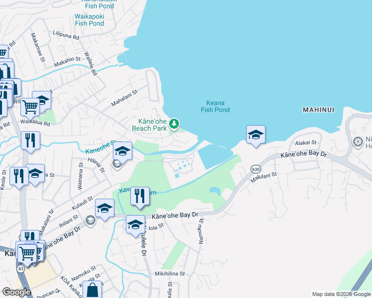 map of restaurants, bars, coffee shops, grocery stores, and more near 45-10 Oopuhue Place in Kaneohe