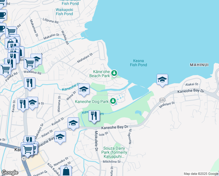 map of restaurants, bars, coffee shops, grocery stores, and more near 45-24 Oopuhue Place in Kaneohe