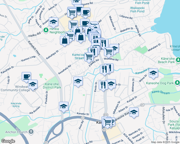 map of restaurants, bars, coffee shops, grocery stores, and more near 45-820 Paleka Place in Kaneohe