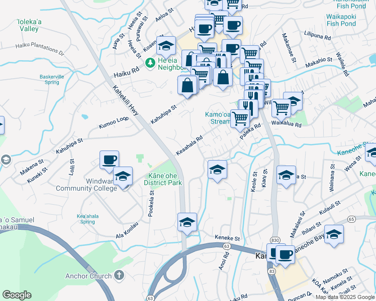 map of restaurants, bars, coffee shops, grocery stores, and more near 45-912 Anoi Road in Kaneohe