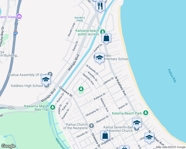 map of restaurants, bars, coffee shops, grocery stores, and more near 316 Kaha Street in Kailua