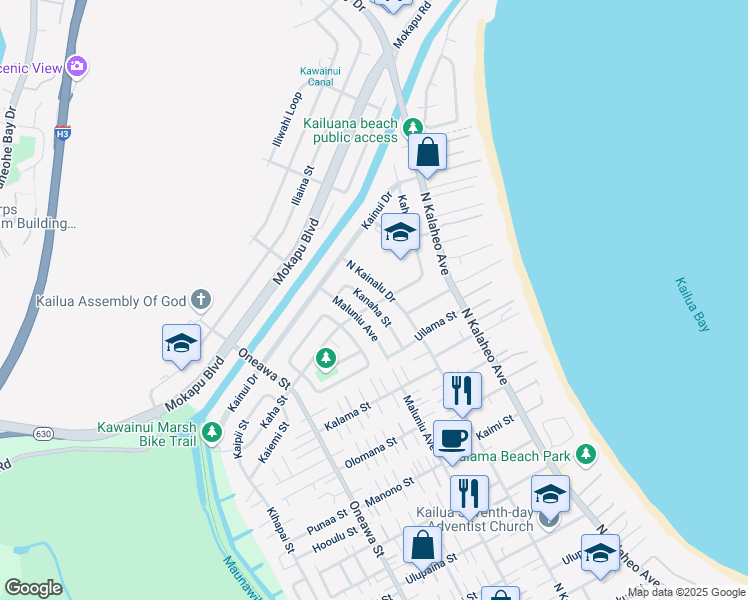 map of restaurants, bars, coffee shops, grocery stores, and more near 316 Kaha Street in Kailua
