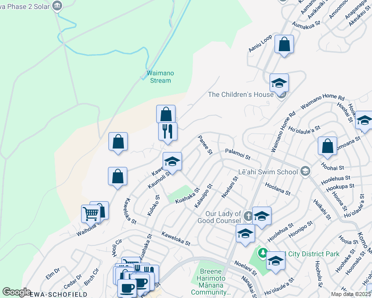 map of restaurants, bars, coffee shops, grocery stores, and more near 1493 Kaweloka Street in Pearl City