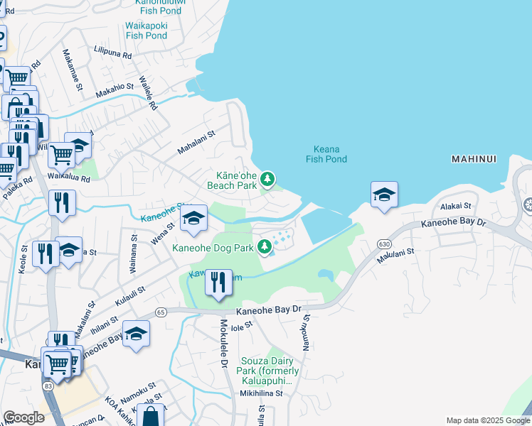 map of restaurants, bars, coffee shops, grocery stores, and more near 45-24 Oopuhue Place in Kaneohe