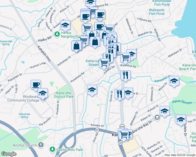 map of restaurants, bars, coffee shops, grocery stores, and more near 45-569 Paleka Road in Kaneohe