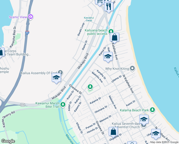 map of restaurants, bars, coffee shops, grocery stores, and more near 931 Maluniu Avenue in Kailua