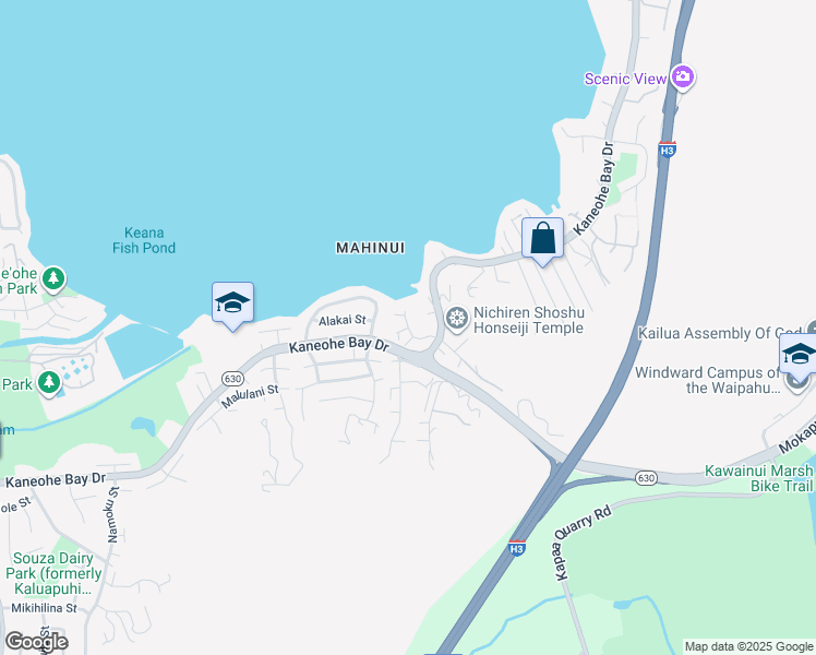 map of restaurants, bars, coffee shops, grocery stores, and more near 44 Kaimalu Way in Kaneohe