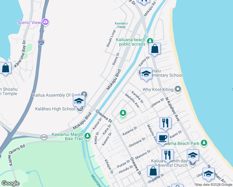 map of restaurants, bars, coffee shops, grocery stores, and more near 1019 Kainui Drive in Kailua