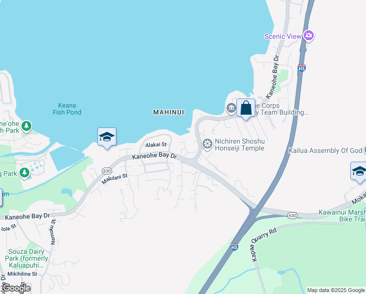 map of restaurants, bars, coffee shops, grocery stores, and more near 44-70 Kaimalu Way in Kaneohe