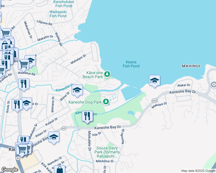 map of restaurants, bars, coffee shops, grocery stores, and more near 45-24 Oopuhue Place in Kaneohe