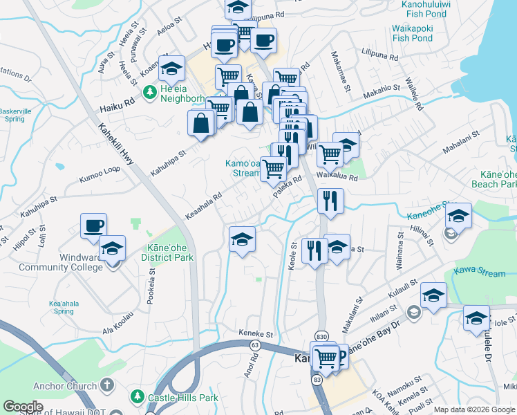 map of restaurants, bars, coffee shops, grocery stores, and more near 45-871 Kapoo Street in Kaneohe