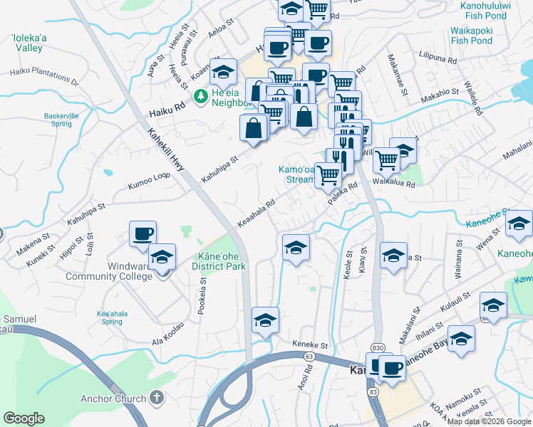 map of restaurants, bars, coffee shops, grocery stores, and more near 45-912 Anoi Road in Kaneohe