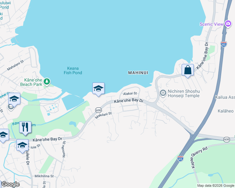 map of restaurants, bars, coffee shops, grocery stores, and more near 44-279 Mikiola Drive in Kaneohe