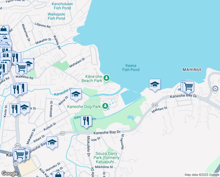 map of restaurants, bars, coffee shops, grocery stores, and more near Holowai Street in Kaneohe