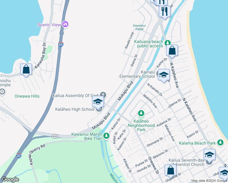 map of restaurants, bars, coffee shops, grocery stores, and more near 635 Iliaina Street in Kailua