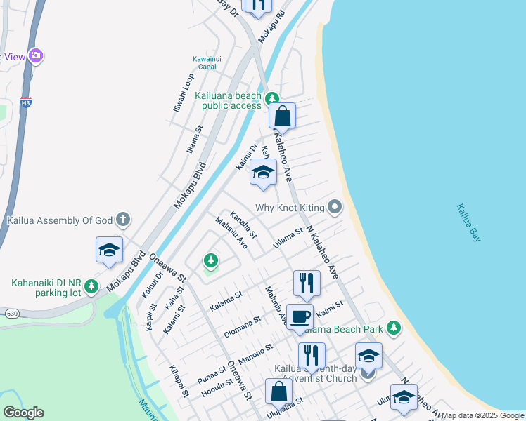 map of restaurants, bars, coffee shops, grocery stores, and more near 165 Kaiholu Street in Kailua