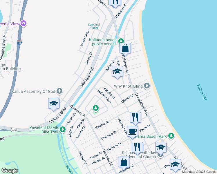 map of restaurants, bars, coffee shops, grocery stores, and more near 729 North Kainalu Drive in Kailua