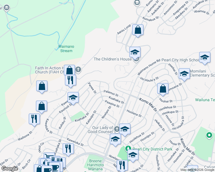 map of restaurants, bars, coffee shops, grocery stores, and more near 1665 Kaweloka Street in Pearl City