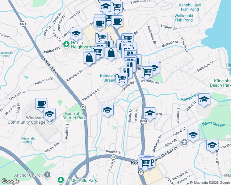 map of restaurants, bars, coffee shops, grocery stores, and more near 45-920 Keaahala Place in Kaneohe