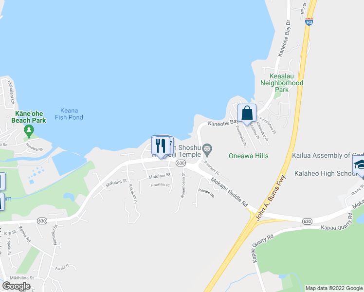 map of restaurants, bars, coffee shops, grocery stores, and more near 44-221 Mikiola Drive in Kaneohe
