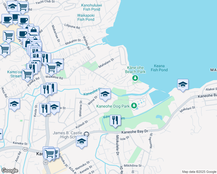 map of restaurants, bars, coffee shops, grocery stores, and more near 45-97 Waiape Place in Kaneohe