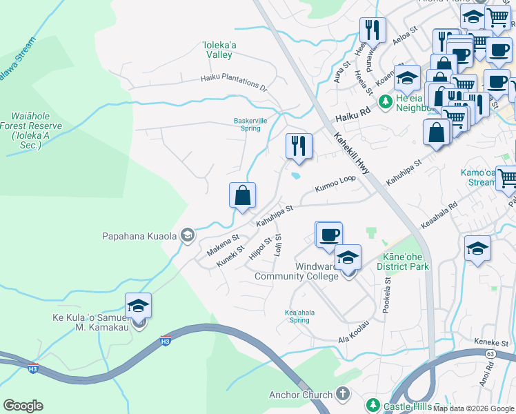 map of restaurants, bars, coffee shops, grocery stores, and more near 46-401 Haiku Rd in Kaneohe