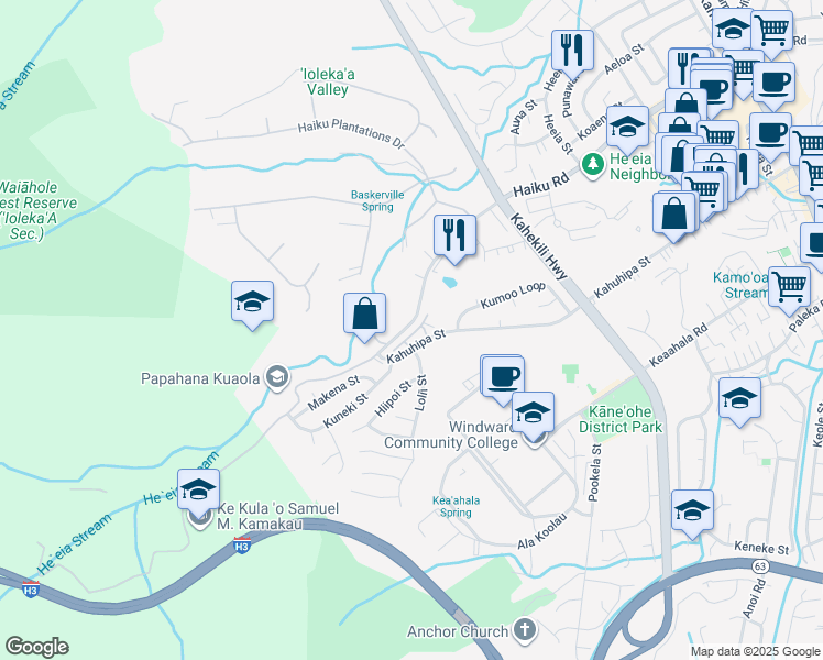 map of restaurants, bars, coffee shops, grocery stores, and more near 46-415 Kahuhipa Street in Kaneohe