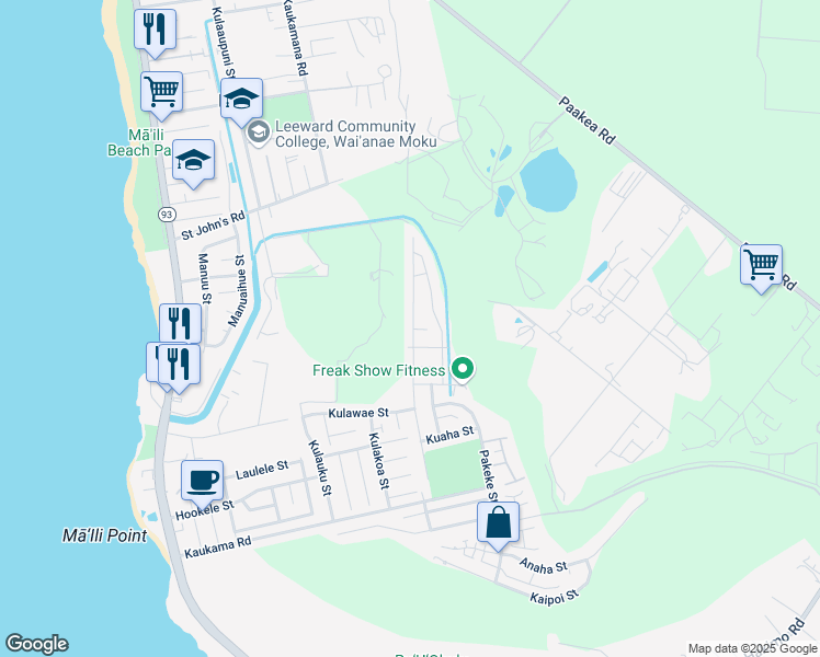 map of restaurants, bars, coffee shops, grocery stores, and more near 87-1675 Mokila Street in Waianae