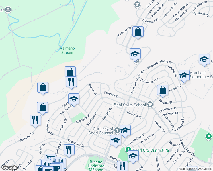 map of restaurants, bars, coffee shops, grocery stores, and more near 1672 Kaweloka Street in Pearl City