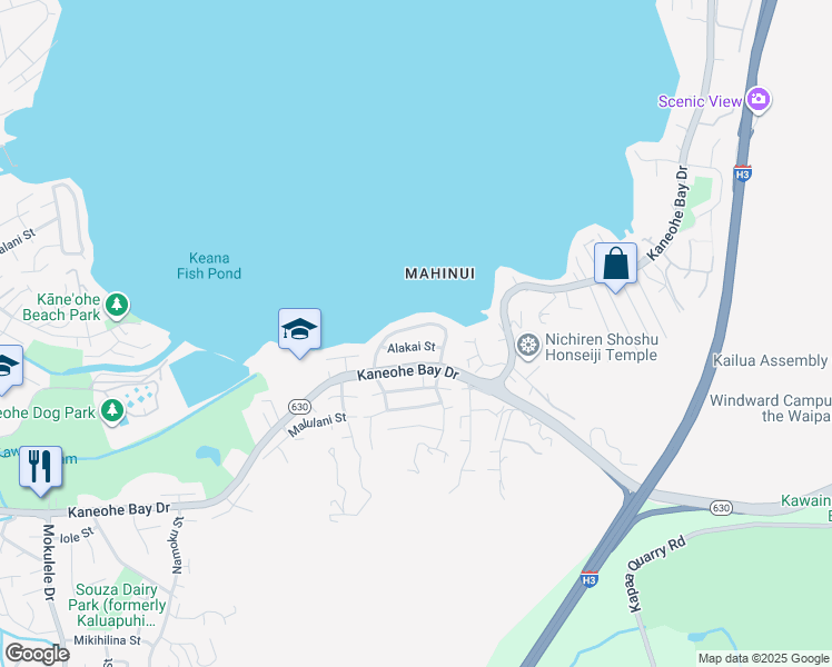 map of restaurants, bars, coffee shops, grocery stores, and more near 44-240 Mikiola Drive in Kaneohe