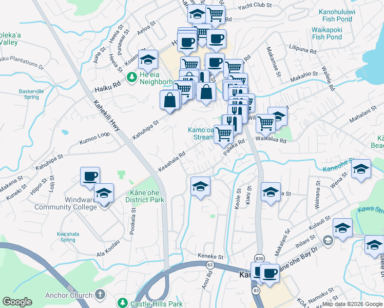 map of restaurants, bars, coffee shops, grocery stores, and more near 45-580 Keaahala Road in Kaneohe