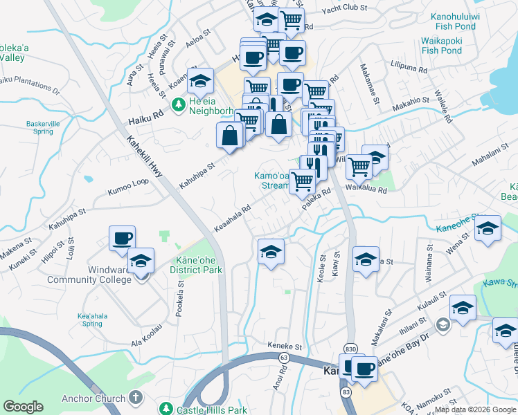 map of restaurants, bars, coffee shops, grocery stores, and more near 45-580 Keaahala Road in Kaneohe