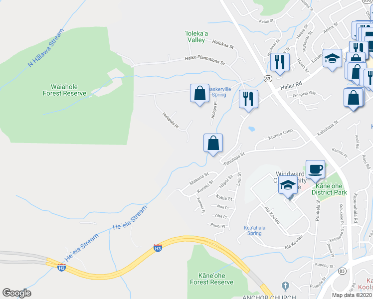 map of restaurants, bars, coffee shops, grocery stores, and more near 46-402 Holoanai Way in Kaneohe