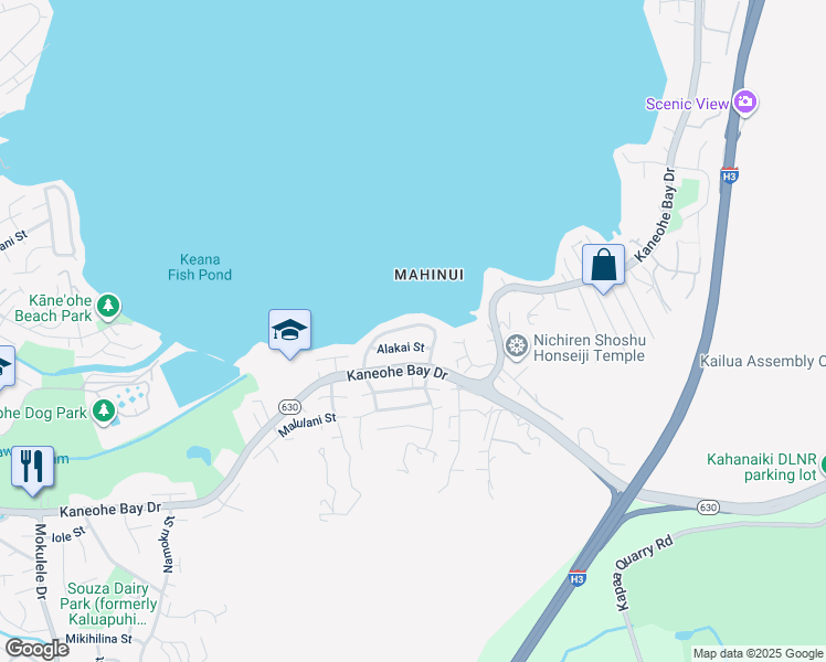 map of restaurants, bars, coffee shops, grocery stores, and more near 44-240 Mikiola Drive in Kaneohe