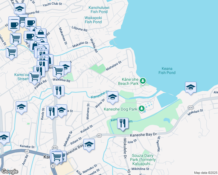 map of restaurants, bars, coffee shops, grocery stores, and more near 45-97 Waiape Place in Kaneohe