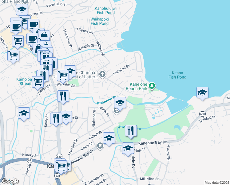 map of restaurants, bars, coffee shops, grocery stores, and more near 45-106 Waiape Place in Kaneohe