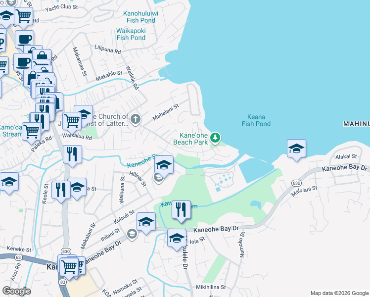 map of restaurants, bars, coffee shops, grocery stores, and more near 45-73 Waikalua Road in Kaneohe