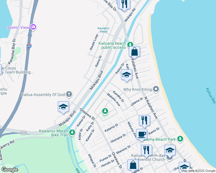 map of restaurants, bars, coffee shops, grocery stores, and more near 1128 Kainui Drive in Kailua