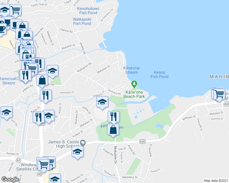 map of restaurants, bars, coffee shops, grocery stores, and more near 45-73 Waikalua Road in Kaneohe